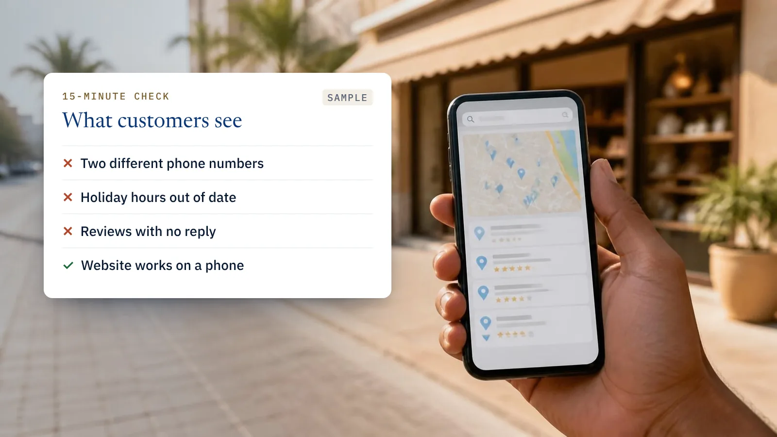 A phone showing local search results outside a shop, beside a sample 15-minute check