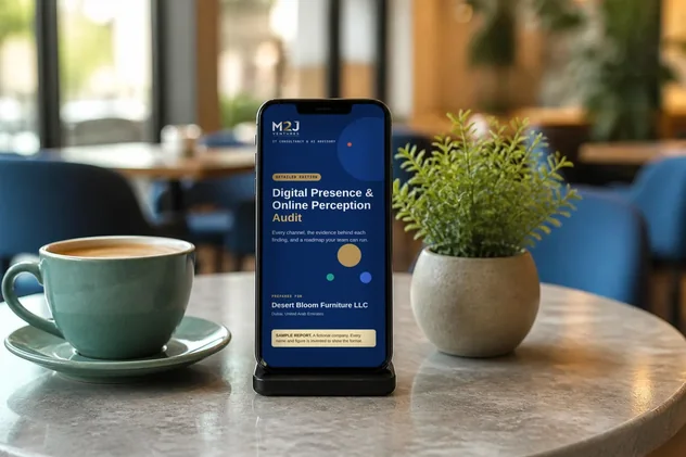 Sample Digital Presence and Online Perception Audit shown on a phone