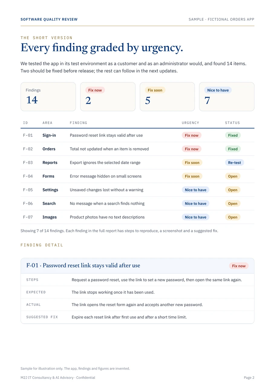 Sample Software Quality Review report page